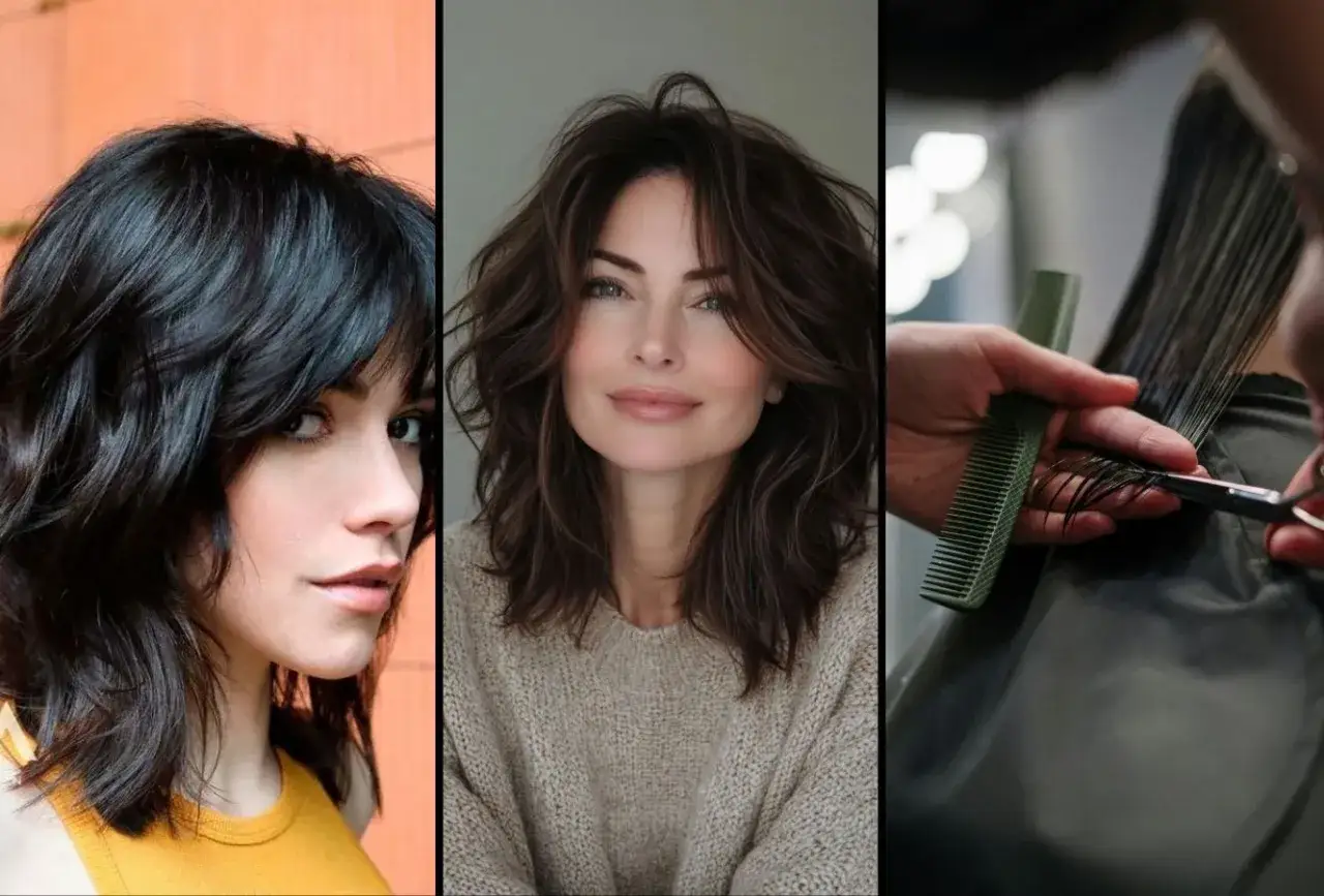 Tres estilos de cabello: corte shag oscuro, melena casta&ntilde;a con capas y tijeras cortando el pelo para quitar volumen.