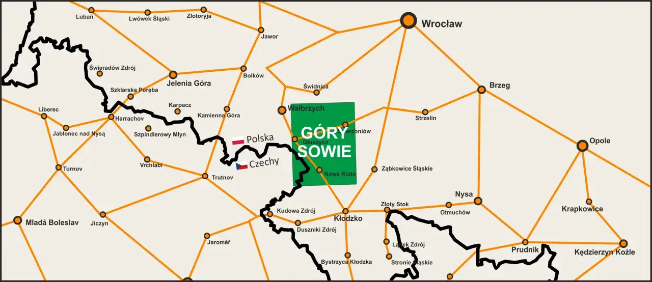 Mapa pokazuje położenie Gór Sowich w Polsce, z zaznaczonymi pobliskimi miastami jak Wałbrzych, Kłodzko i Wrocław.