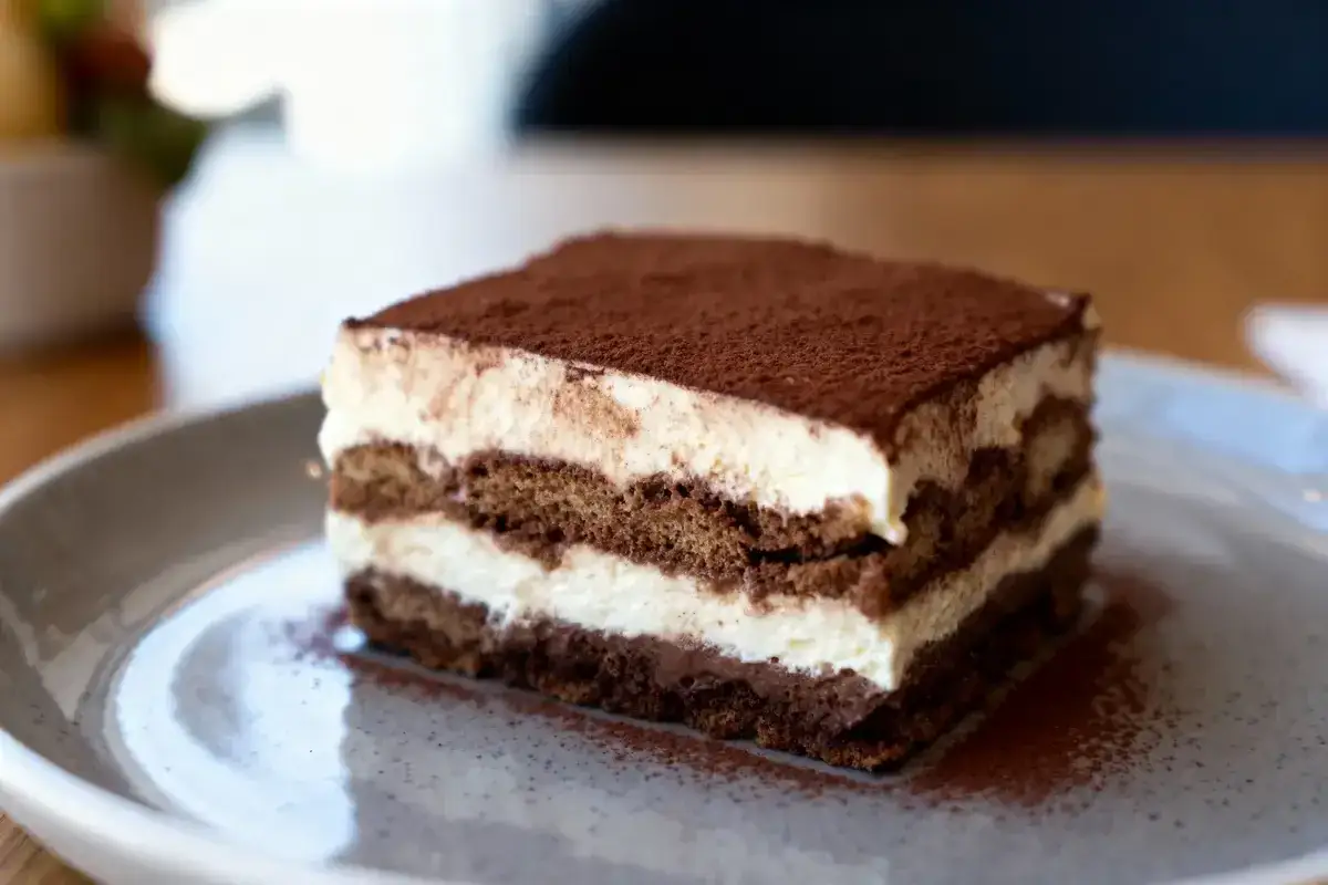 Un tiramisu inratable, avec ses couches de biscuit imbibé et de crème onctueuse, saupoudré de cacao. Un délice à portée de main.