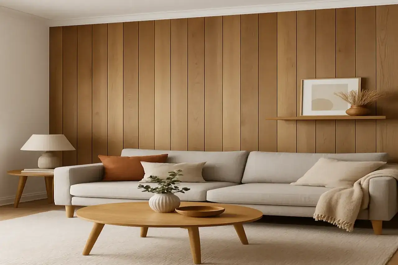 Acogedor sal&oacute;n con sof&aacute; gris, mesa de centro de madera y una pared de lamas de madera vertical que aporta calidez.