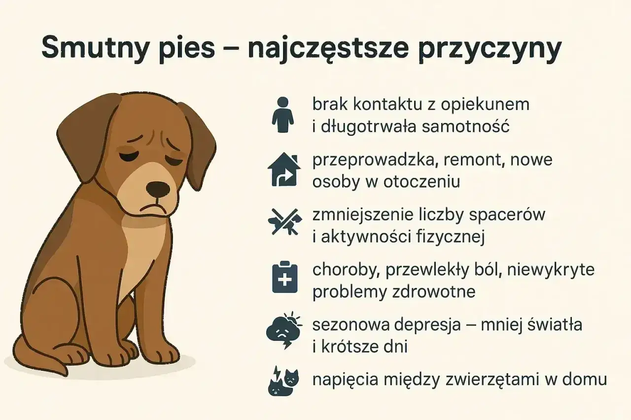 Smutny pies z opuszczonymi uszami i smutnym wyrazem pyska. Obok wymieniono przyczyny psiego smutku: samotność, zmiany, brak ruchu, choroby, depresja i konflikty.