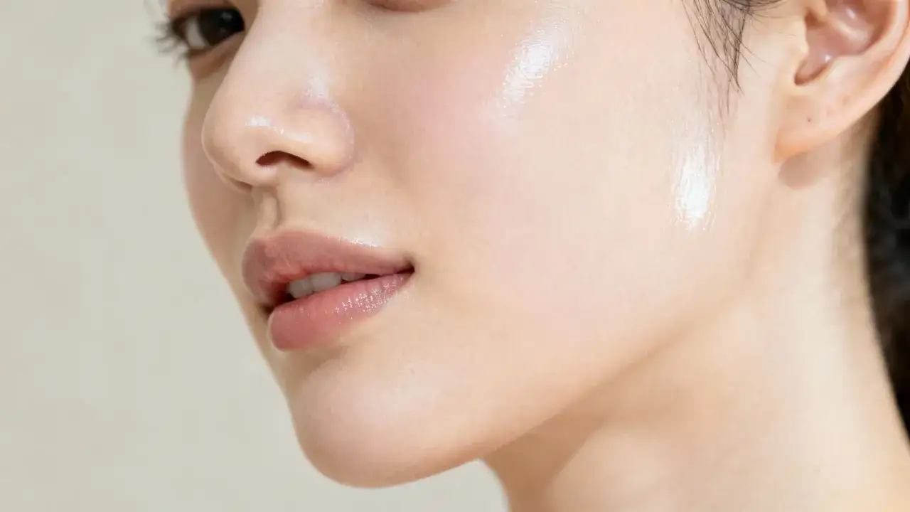 N&auml;rbild p&aring; en persons ansikte med glansig hud som utstr&aring;lar j beauty.