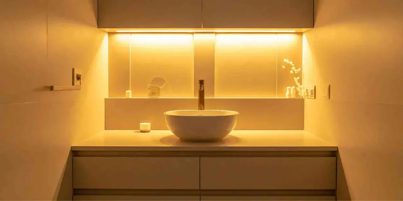 Lavabo moderno con grifo dorado, iluminado por una c&aacute;lida luz que, aunque parezca dorada, es luz blanca.