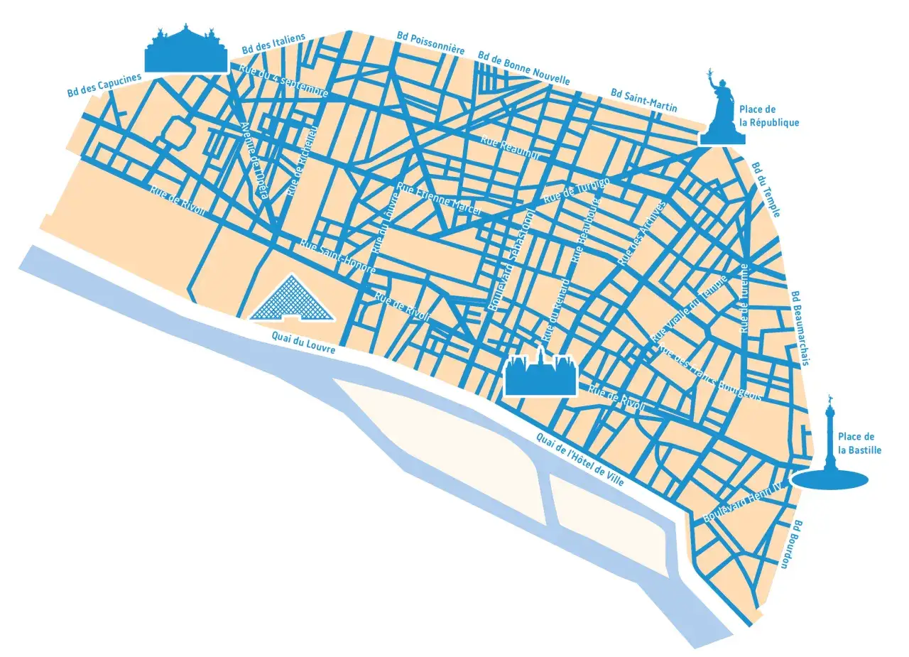 Carte stylis&eacute;e de Paris, montrant le r&eacute;seau routier dense de la ztl Paris, avec des ic&ocirc;nes pour le Louvre, l'H&ocirc;tel de Ville, la Place de la R&eacute;publique et la Place de la Bastille.
