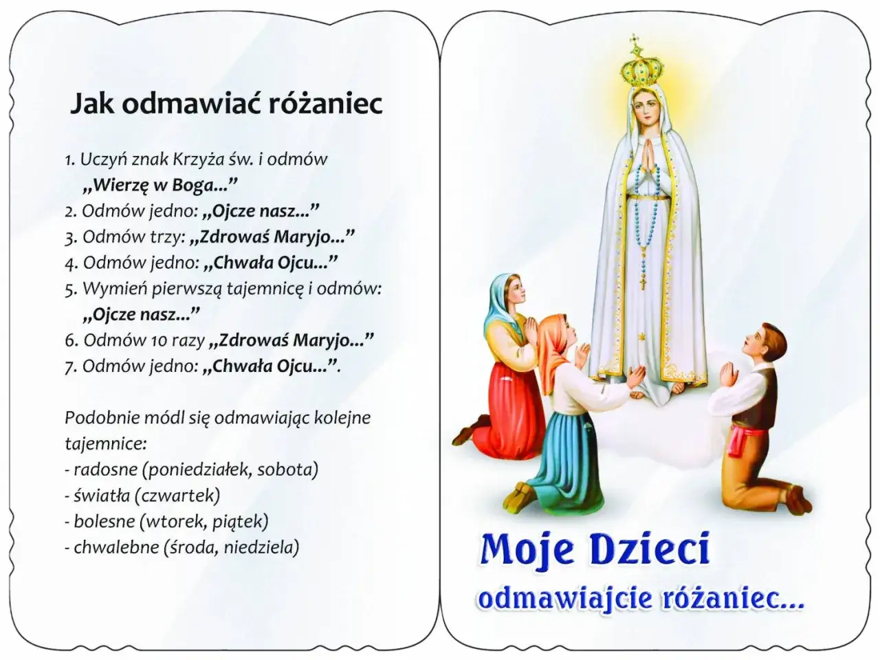 Dzieci klęczą przed Matką Bożą, która ukazała się w Fatimie. Obrazek przypomina o modlitwie różańcowej.