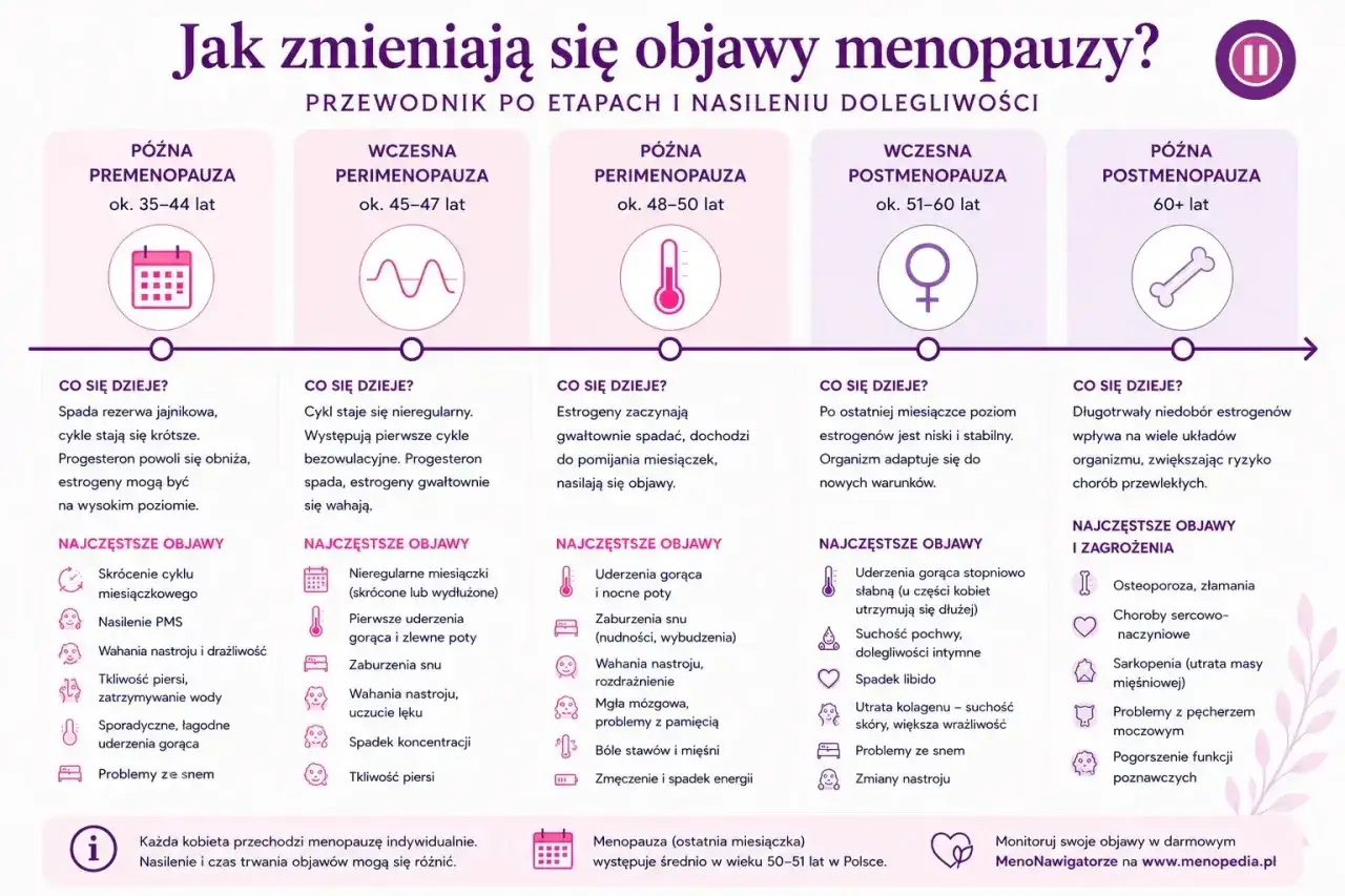 Wykres przedstawia etapy perimenopauzy i menopauzy, opisując zmiany hormonalne i objawy.