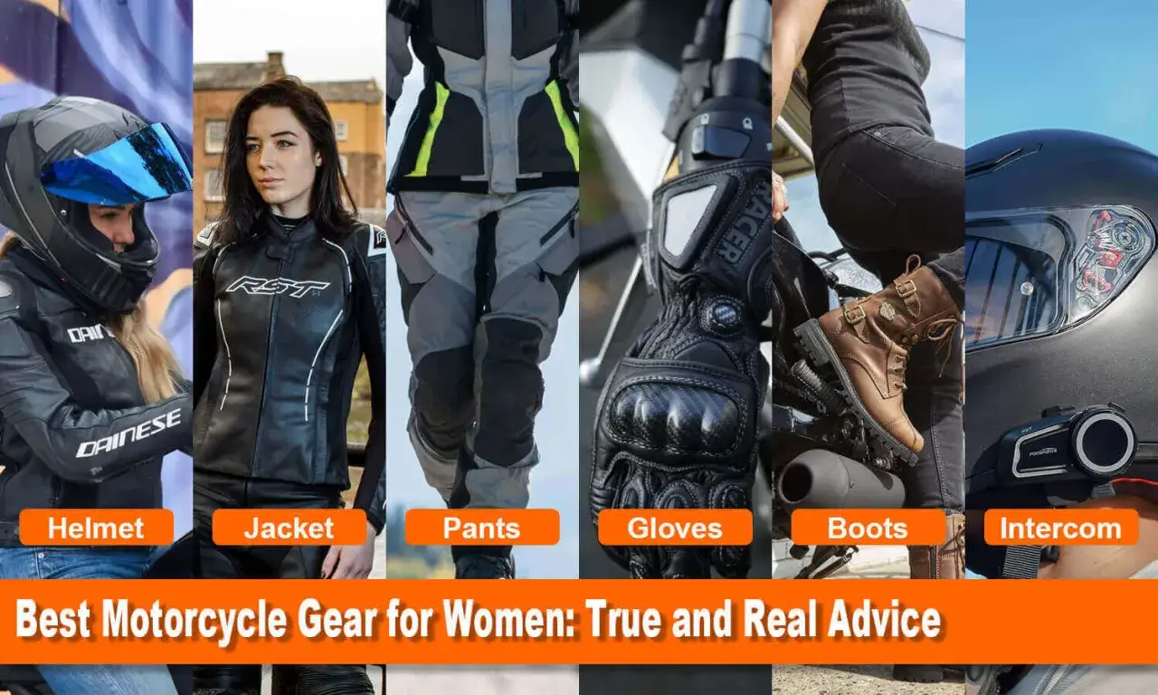 Un outfit motero mujer completo: casco, chaqueta de cuero, pantalones, guantes, botas y intercomunicador.