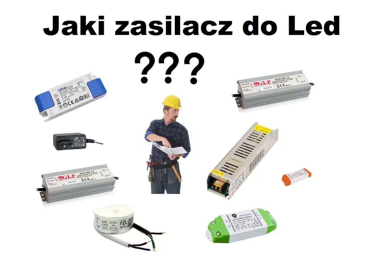 Jaki zasilacz do taśmy led 5m? Różne modele zasilaczy LED, od małych kostek po większe, metalowe obudowy, obok budowlańca z planami.