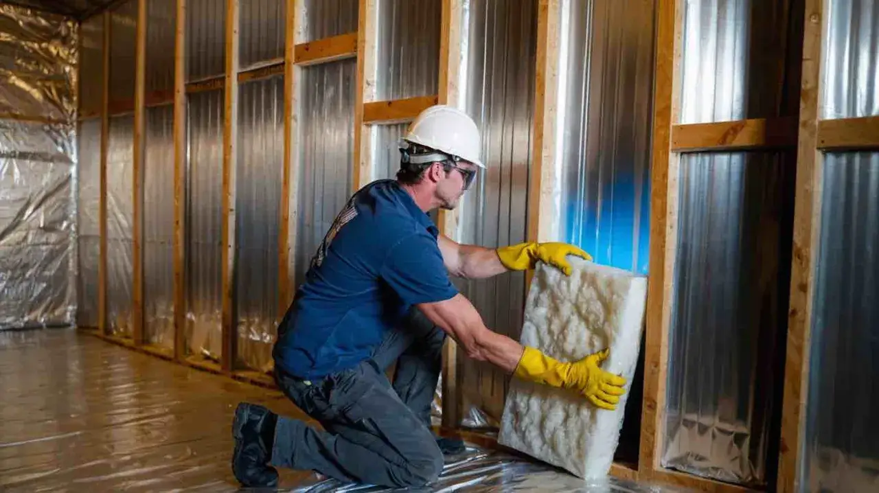 Un ouvrier installe un panneau isolant dans un **isolation container** en cours de construction, protégeant ainsi le contenu des variations de température.