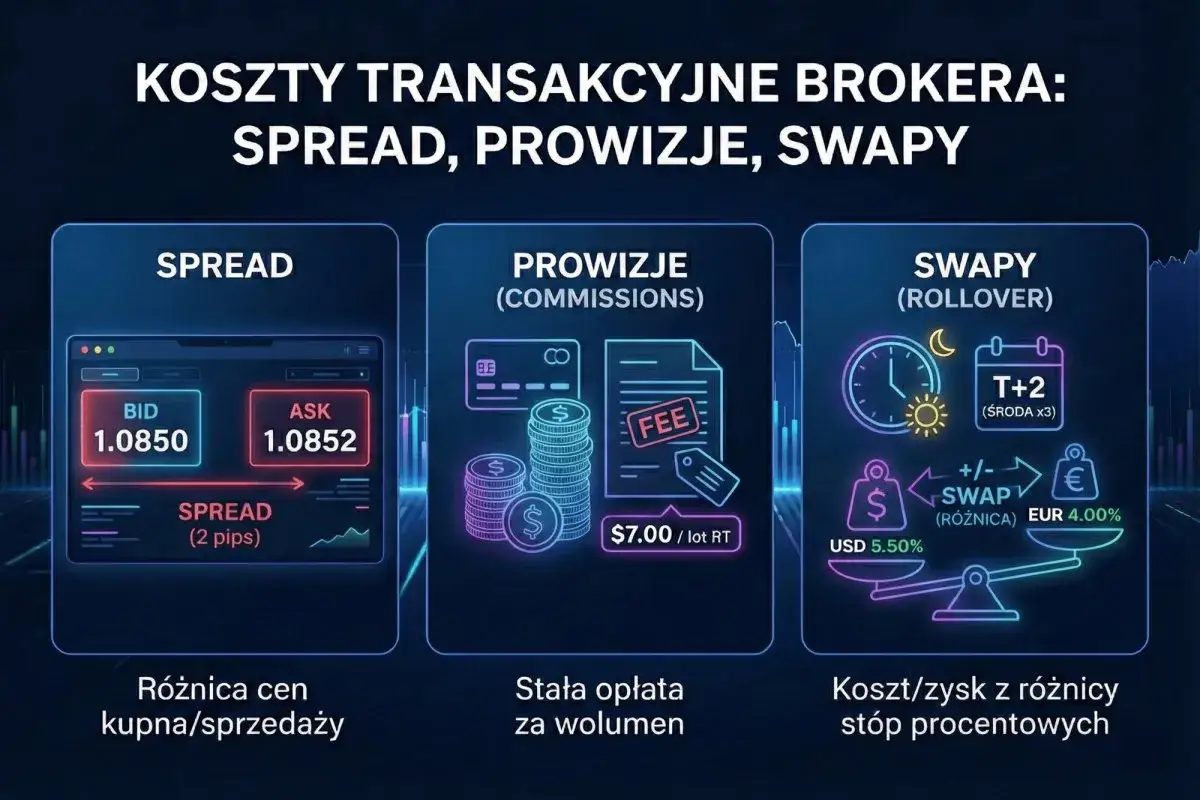 Co to są punkty swapowe? Ilustracja wyjaśnia koszty transakcyjne brokera: spread, prowizje i swapy (koszt/zysk z różnicy stóp procentowych).