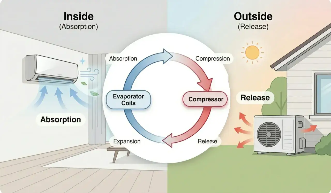 Sch&eacute;ma expliquant le fonctionnement d'une pompe &agrave; chaleur : absorption &agrave; l'int&eacute;rieur, diffusion &agrave; l'ext&eacute;rieur. Faut-il &eacute;teindre sa pompe &agrave; chaleur l'&eacute;t&eacute; ?