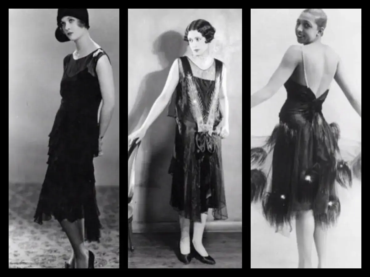 Eleganza e audacia: tre donne sfoggiano abiti flapper che evocano lo spirito di Coco Chanel negli anni '20.