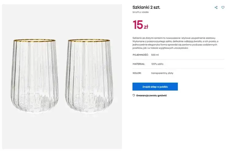 Modne szklanki ryflowane Pepco ze złotym rantem