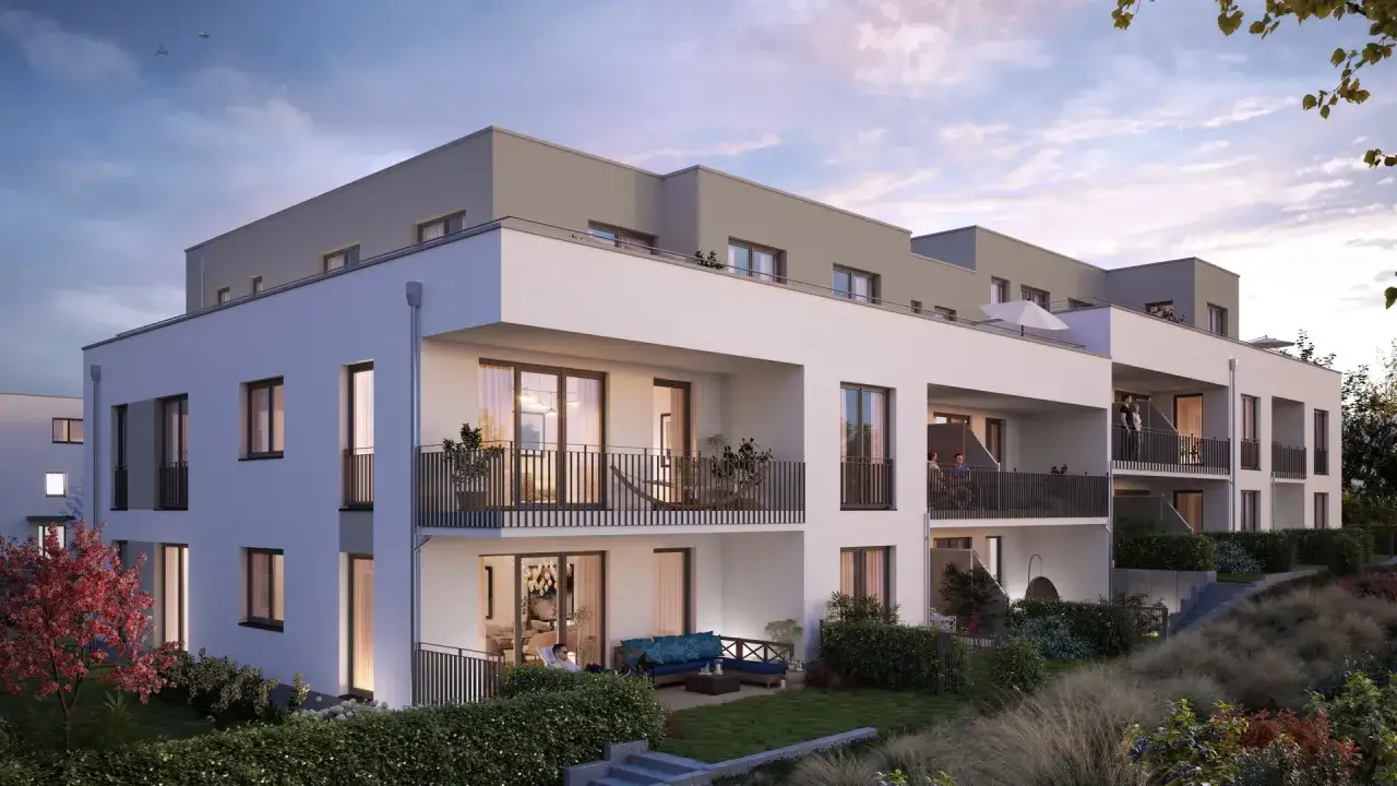 Moderne Wohnanlage mit Balkonen und Terrassen. Hier finden Sie Informationen zum **Mietspiegel Alfter** für Ihre Wohnungssuche.