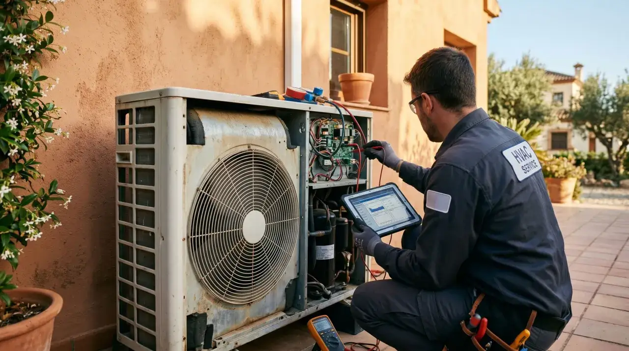 T&eacute;cnico realiza mantenimiento de bomba de calor, revisando componentes y datos en tablet.
