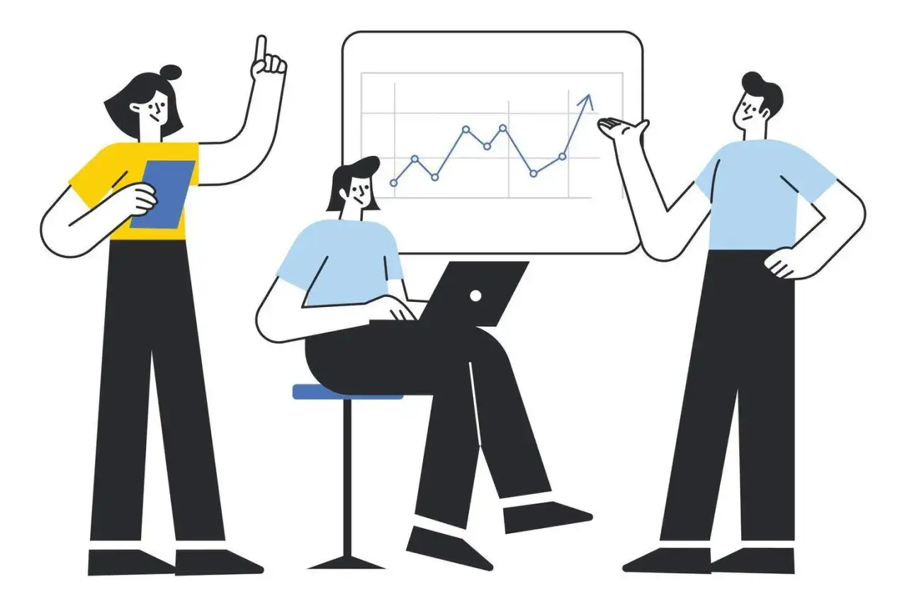 Equipo analizando gráfico de crecimiento. Aprendiendo como escalar un negocio.