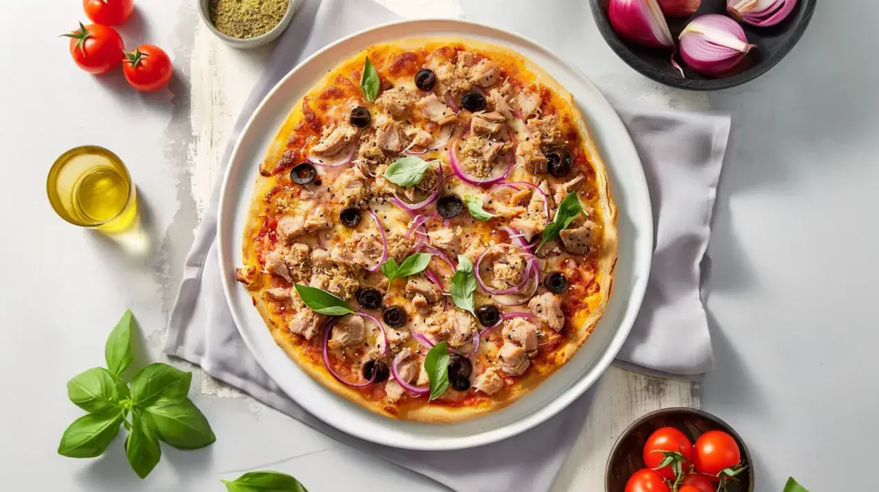 Apetyczna pizza z tuńczykiem, oliwkami i czerwoną cebulą, udekorowana świeżą bazylią. Idealna na szybki obiad.