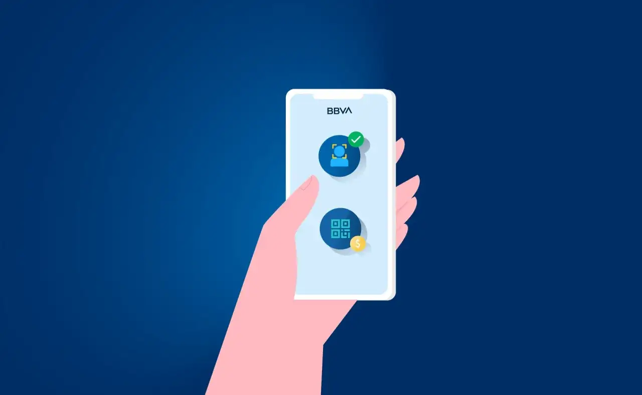 Mano sostiene móvil BBVA. Icono de persona con check y QR con moneda. Guía para como activar tarjeta BBVA.