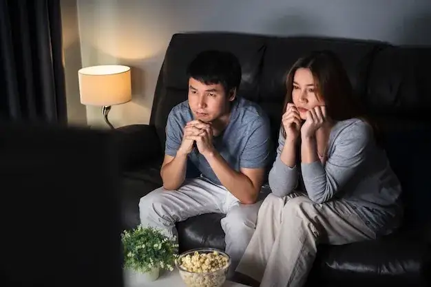 para oglądająca razem wzruszający film na kanapie wieczorem