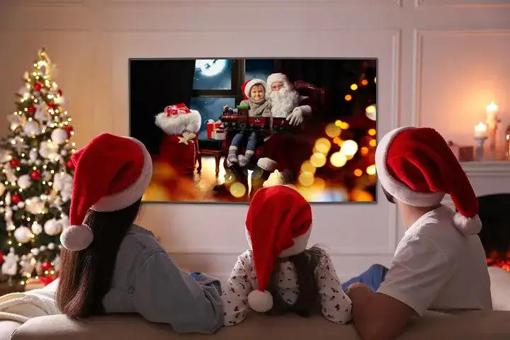 rodzina oglądająca razem film świąteczny w domu