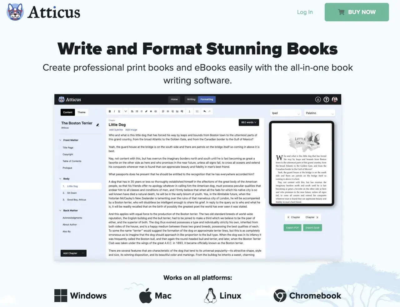 Une application pour écrire un livre, Atticus, permet de créer des livres professionnels. L'interface montre la gestion des chapitres et le texte en cours de rédaction.