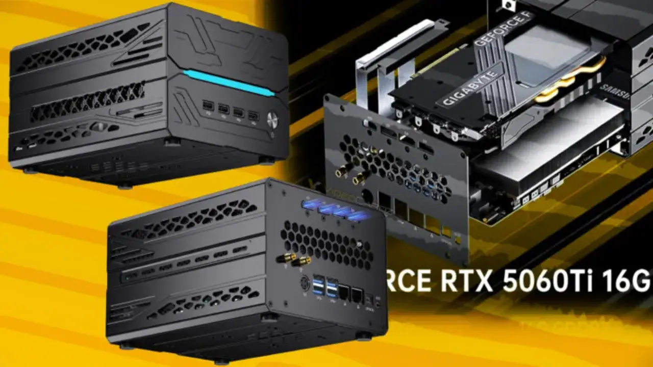 Kompakte PCs mit stilvollem Design. Eine Grafikkarte ohne Stromanschluss, die RTX 5060Ti, wird gezeigt.