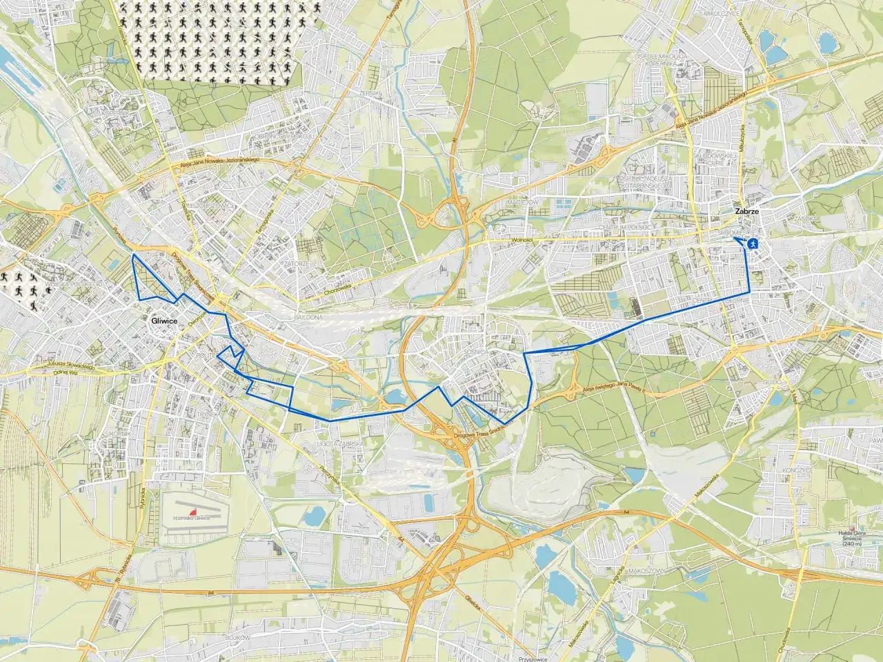 Trasa rowerowa z Gliwic do Zabrza, biegnąca przez tereny miejskie i zielone.