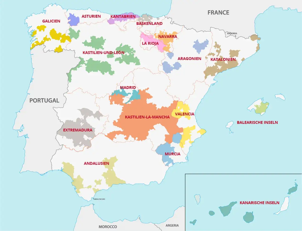Karte Spaniens mit farblich markierten Weinregionen, die verschiedene spanische weinsorte repräsentieren.