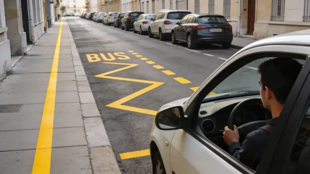Un homme conduit une voiture blanche, garée sur un trottoir, le long d'une rue bordée de voitures et d'une ligne jaune. La zone BUS est marquée au sol.