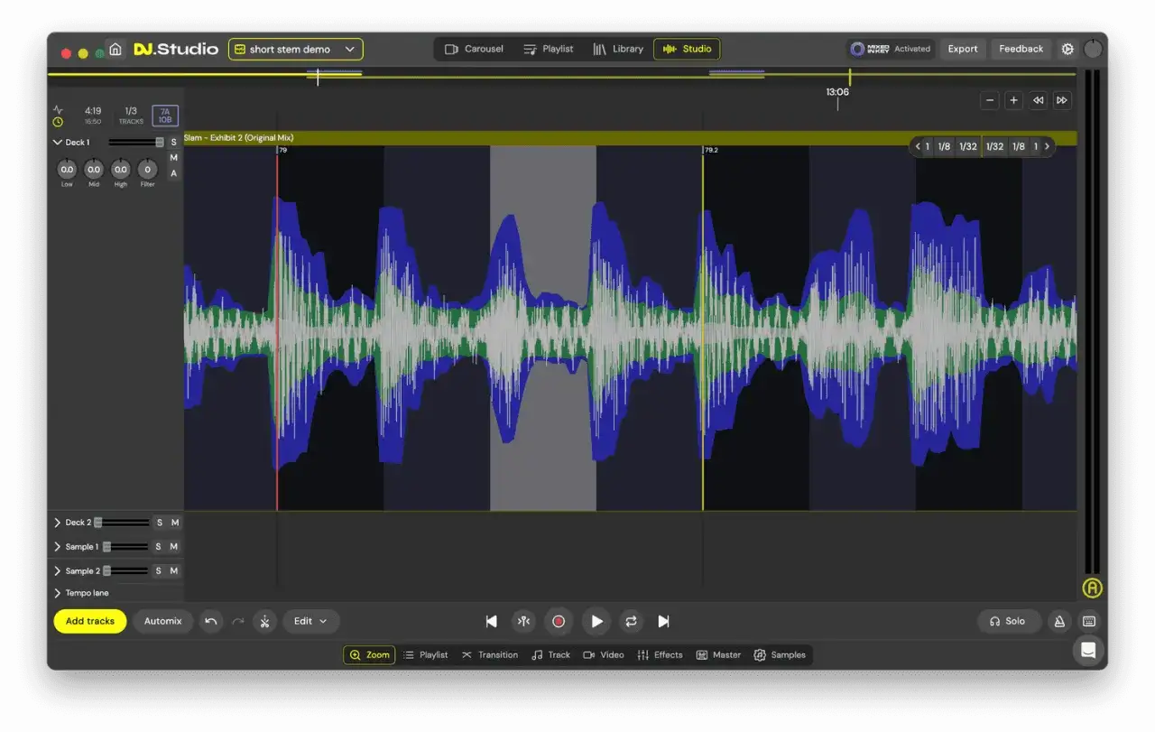 Interfejs programu DJ.Studio z waveformami audio, idealny do nauki miksowania. Program dj dla początkujących.
