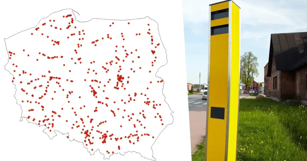 Mapa Polski z zaznaczonymi czerwonymi kropkami miejscami, gdzie można sprawdzić, gdzie są fotoradary. Obok żółty słup fotoradaru.