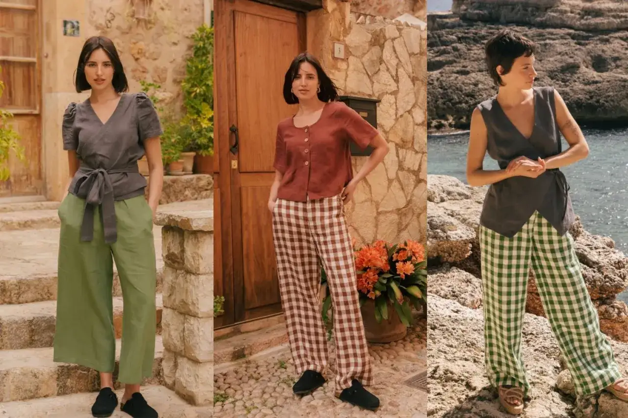 Drei Damen zeigen, wie man Leinenhose kombiniert: l&auml;ssig mit Wickelshirt und weiten Hosen in Gr&uuml;n, kariert mit Kurzarmshirt oder &auml;rmellosem Top.