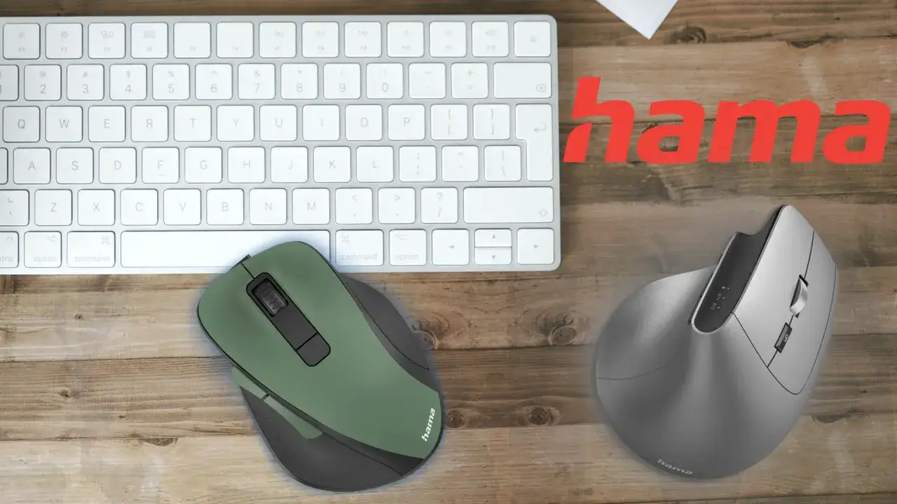 Dwa rodzaje mysz: zielona i ergonomiczna szara, obok klawiatury. Logo Hama.