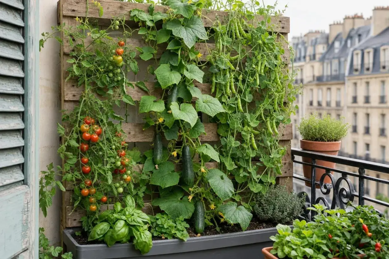 Un balcon parisien où l'on cultive les concombres en hauteur, aux côtés de tomates et de petits pois. Un potager vertical luxuriant.