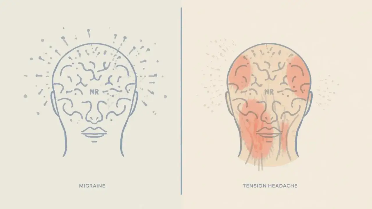 Ilustraci&oacute;n comparativa de migra&ntilde;a y cefalea tensional. La migra&ntilde;a se muestra con puntos alrededor de la cabeza, mientras que la cefalea tensional destaca &aacute;reas rojas en la frente y el cuello, indicando un dolor de cabeza frontal.