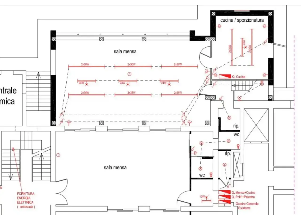 Schema per come fare impianto elettrico casa: luci, prese e quadri in sala mensa, cucina e bagni.