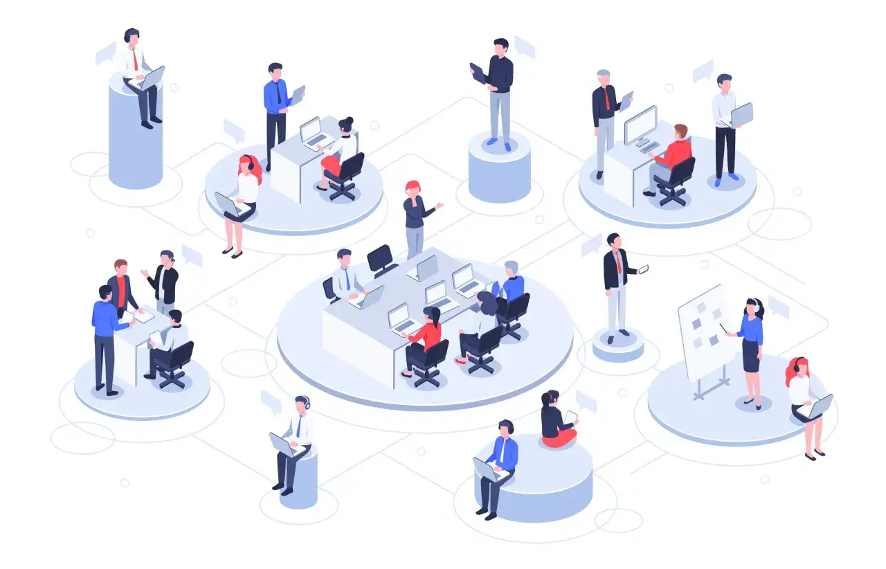 Personas trabajando en diferentes estaciones, conectadas como en la nube.