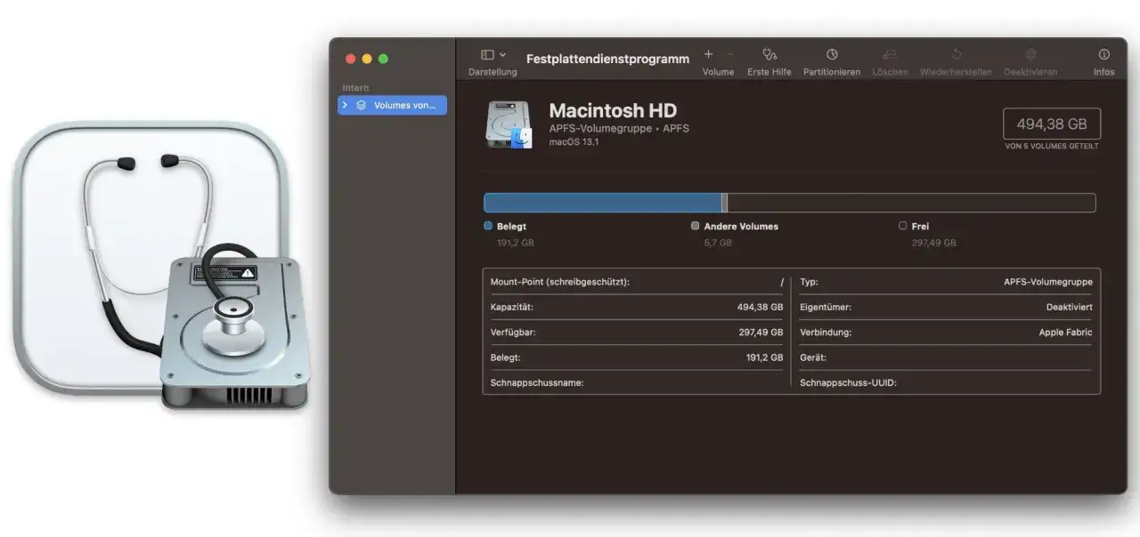Festplattendienstprogramm zeigt, wie man ein MacBook formatieren kann. Ein Stethoskop auf einer Festplatte symbolisiert die Diagnose.