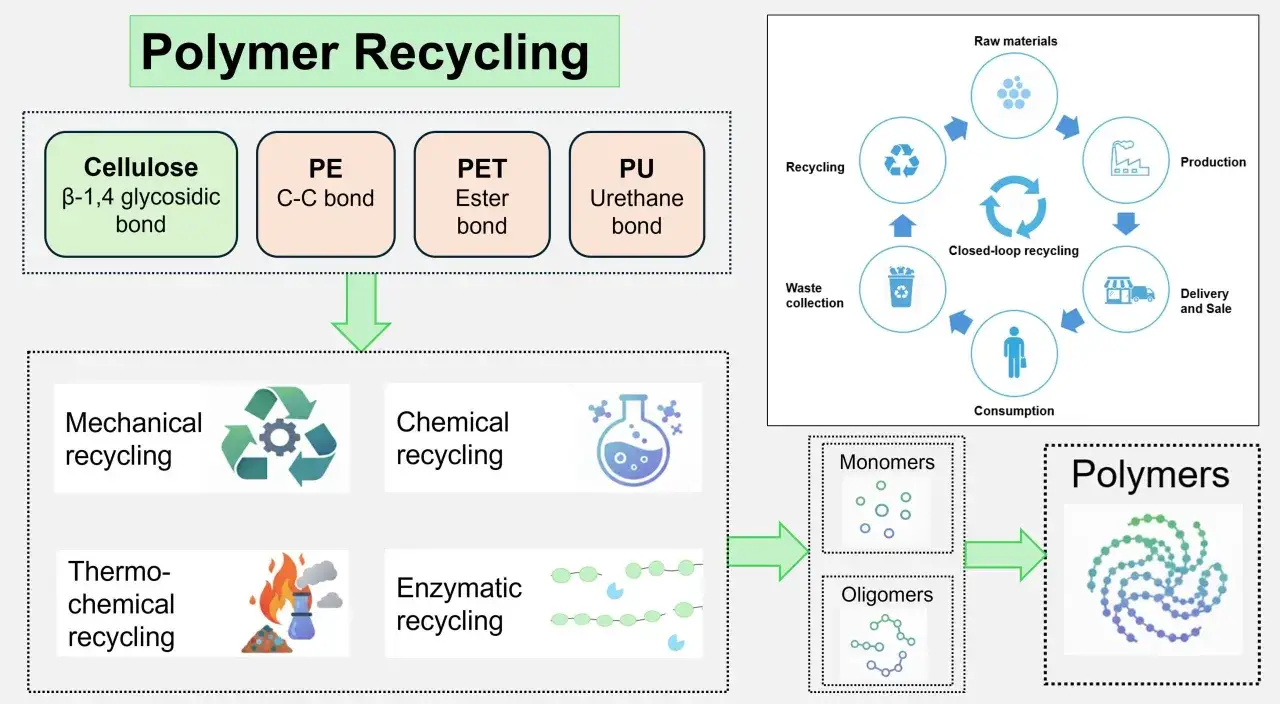 Schemat recyklingu polimerów: od surowców, przez produkcję, aż po odzysk. Pokazuje, czym jest polimeryzacja i jak można przetwarzać różne rodzaje tworzyw.