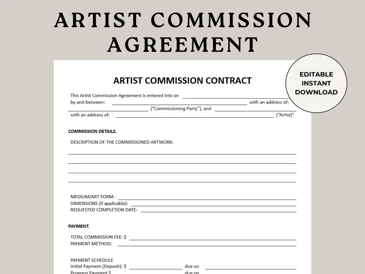 An artist commission agreement template, ready for download, detailing artwork specifications and payment terms for a commissioned piece.