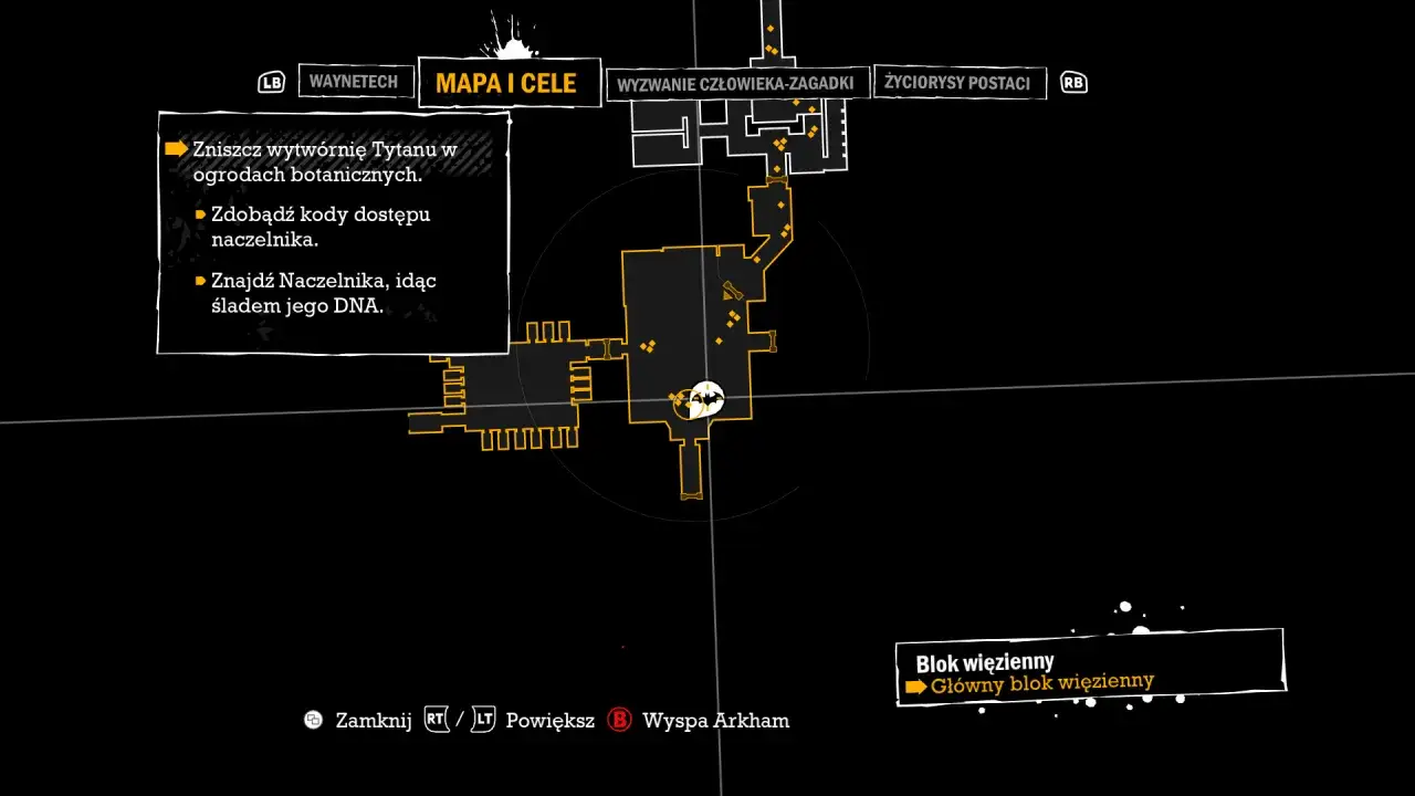 Mapa z gry Batman Arkham Asylum poradnik: cele to zniszczenie wytwórni Tytanu, zdobycie kodów naczelnika i jego odnalezienie.
