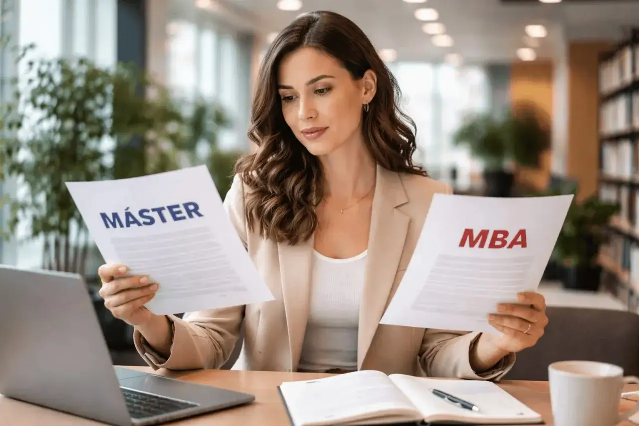 Mujer compara documentos de Máster y MBA, decidiendo su futuro académico y profesional.