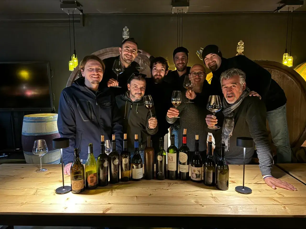 Un gruppo di uomini brinda con vino, un enologo cerca lavoro e condivide la sua passione.