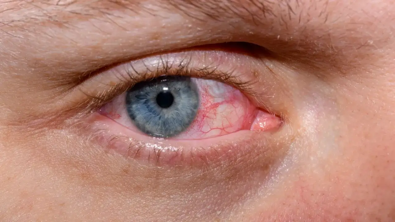 Occhio con sclera arrossata e vasi sanguigni evidenti, possibile sintomo di diabete.