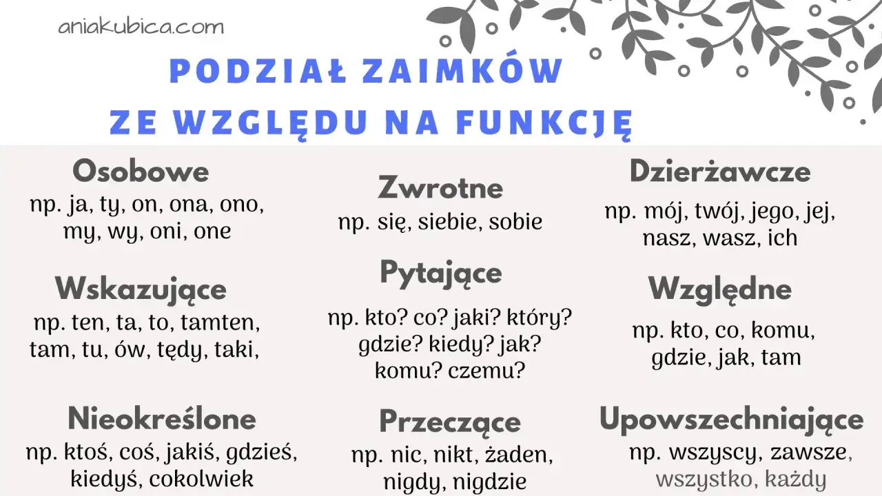 Podział zaimków ze względu na funkcję: osobowe, zwrotne, dzierżawcze, wskazujące, pytające, względne, nieokreślone (np. ktoś, coś, jakiś), przeczące, upowszechniające.