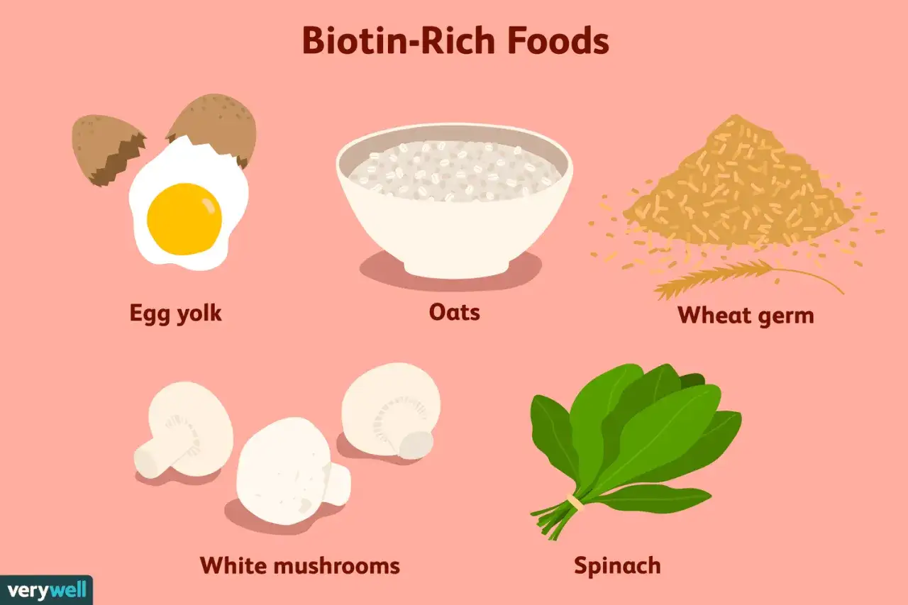 Aliments riches en vitamine B7 : jaune d'&oelig;uf, flocons d'avoine, germe de bl&eacute;, champignons blancs et &eacute;pinards.