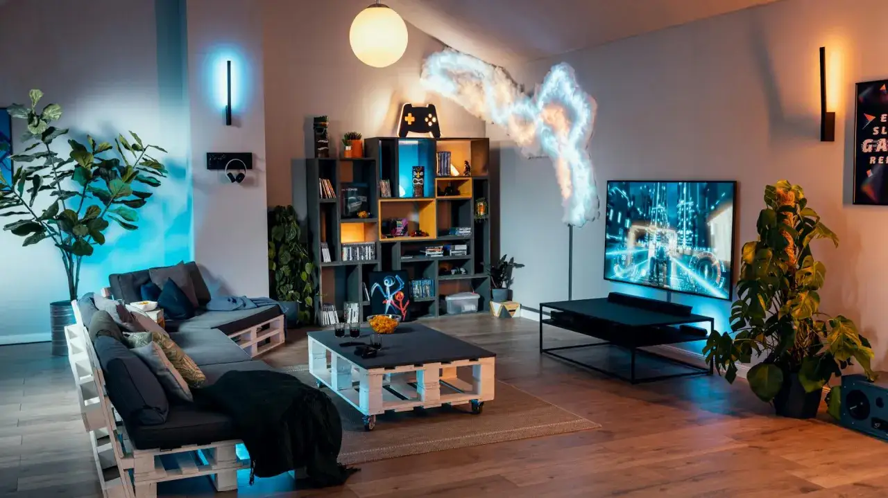Gem&uuml;tlicher Gaming-Raum mit Paletten-Sofa, Regal voller Spiele und einer Wolken-Lampe. Tolle hobbykeller ideen f&uuml;r Gamer!