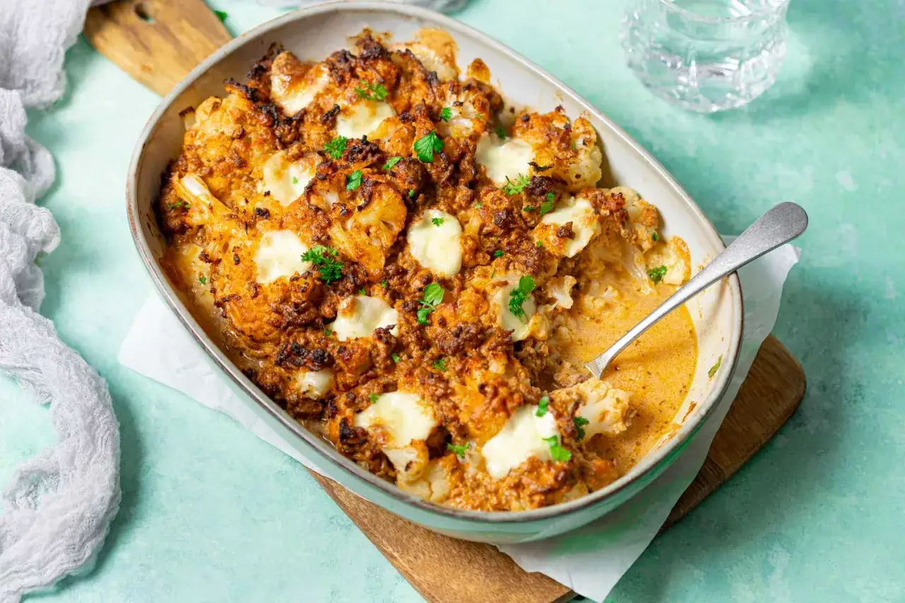 Herzhaft &uuml;berbackener Blumenkohl low carb mit K&auml;se und Hackfleisch in einer cremigen Sauce, garniert mit Petersilie.