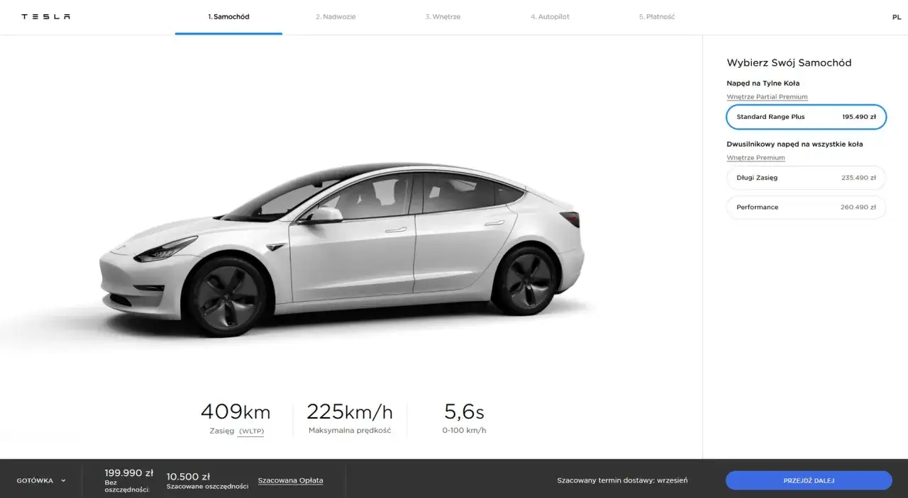 Konfigurator Tesla opcje dodatkowe