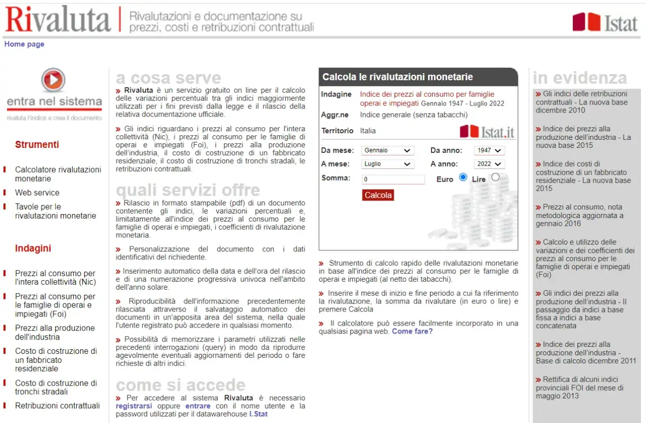 Calcolatore per rivalutazioni monetarie con indici FOI, con opzioni di adeguamento ISTAT 75 o 100.